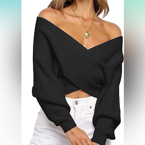 BTFBM Sweaters - BTFBM Women Casual V Neck Sweaters Cross Wrap Off Shoulder Crop Solid Pullover